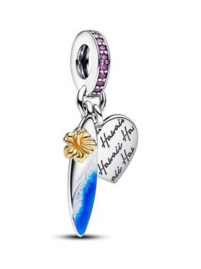 Hawaiian Surf Blue Enamel Dangle Charm with Gold Hibiscus